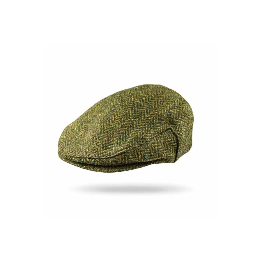 Klassische, irische Tweed Cap mit grünem Herringbone-Muster von der Weberei JOHN HANLY & Co.